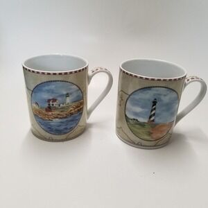 American Atelier Signals 5100 Lighthouse Porcelain 2 Mugs Cape Neddick Hatteras